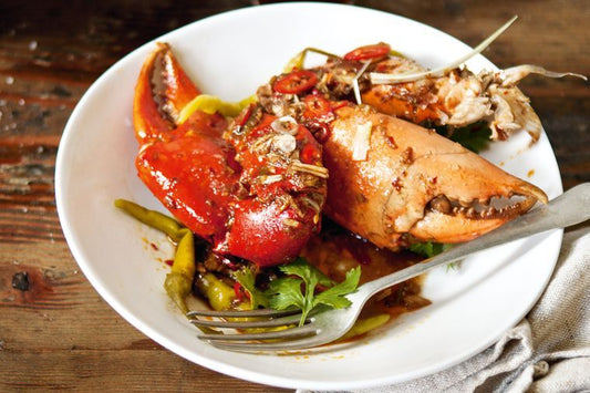 Wok-fried mud crab claws with tamarind, galangal and chilli bean paste